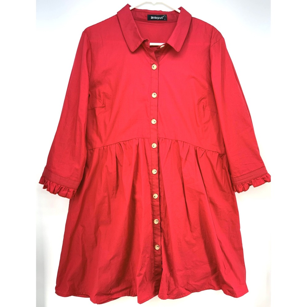 Allegra K Red Babydoll Shirt Dress Ruffle Cuffs Button Front Sz L Cottagecore